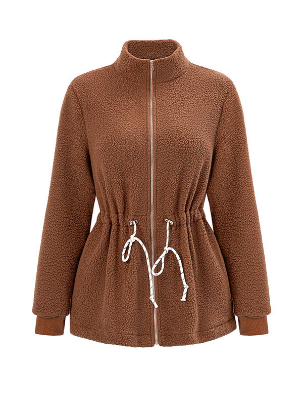 xakxx Long Sleeves Loose Drawstring Solid Color Velvet Zipper Stand Collar Outerwear