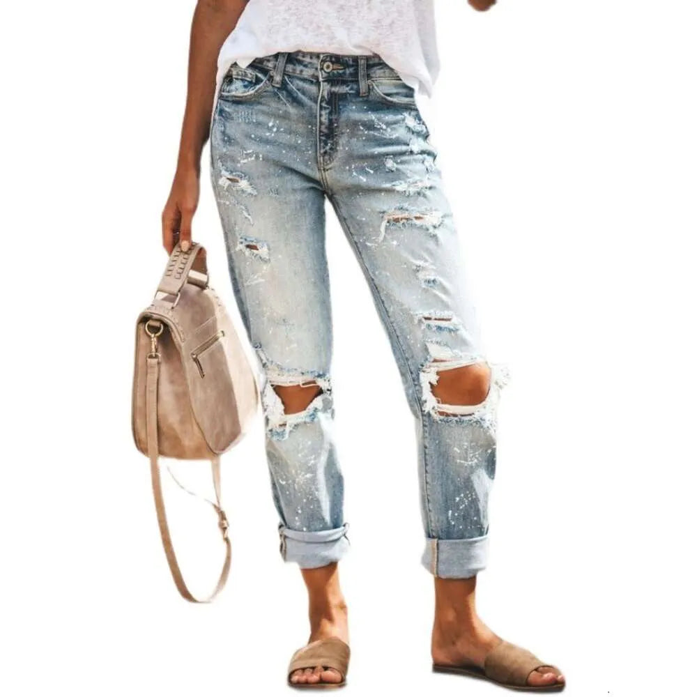 with Tears to Show Thin Wash Women's Jeans Pants