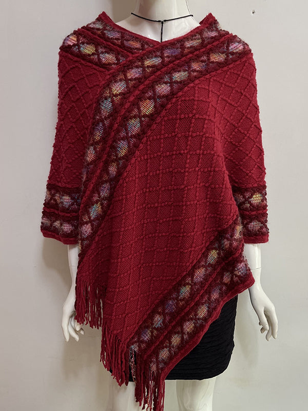 xakxx Loose Asymmetric Tasseled V-Neck Cape Shawl&Cloak