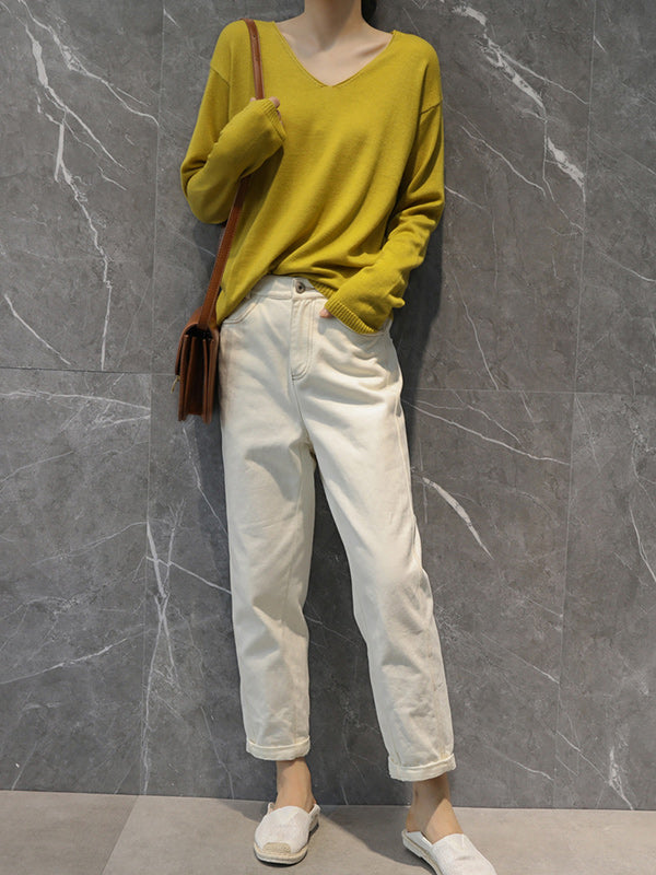 xakxx Simple Solid Color V-Neck Long Sleeve Knitwear Tops