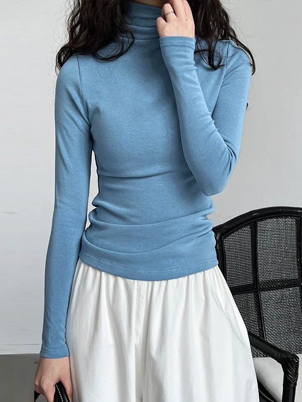 xakxx Long Sleeves Skinny Solid Color Split-Joint High Neck T-Shirts