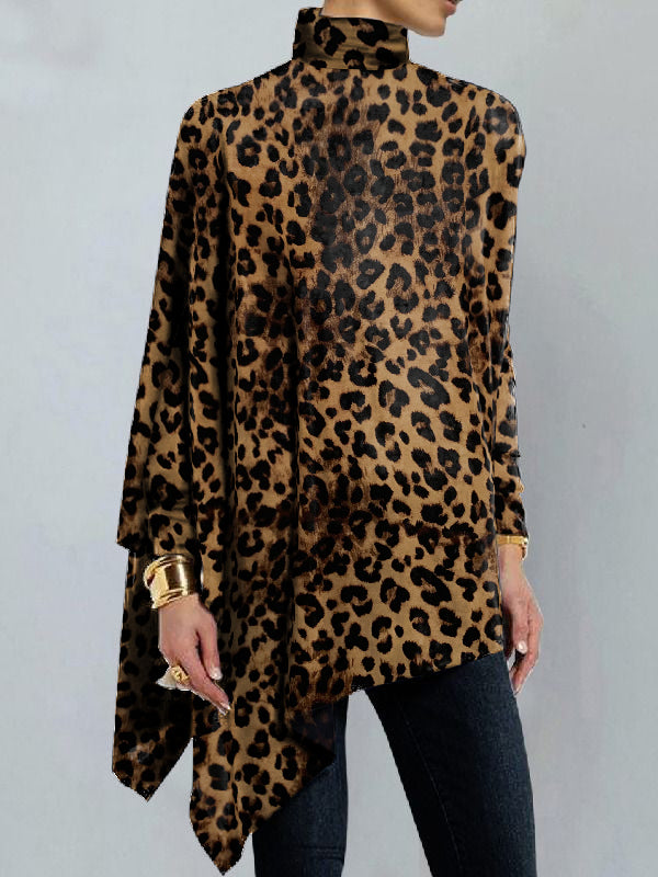 xakxx Long Sleeves Loose Leopard Printed High Neck T-Shirts