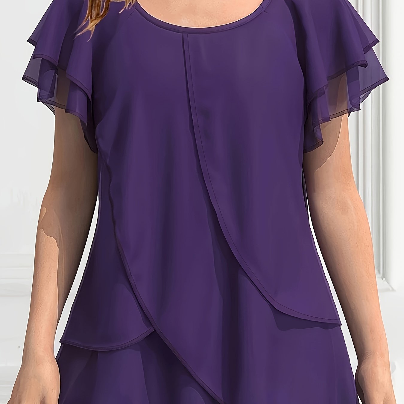 Vibrant Color Crew Neck Blouse - Ruffled Sleeve, Layered, Casual, Spring & Summer Essential - Women's Clothing for Everyday Wear