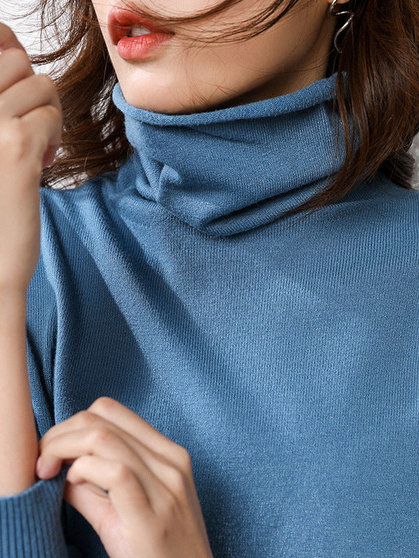 xakxx Simple Loose Long Sleeves Solid Color High-Neck Sweater Tops