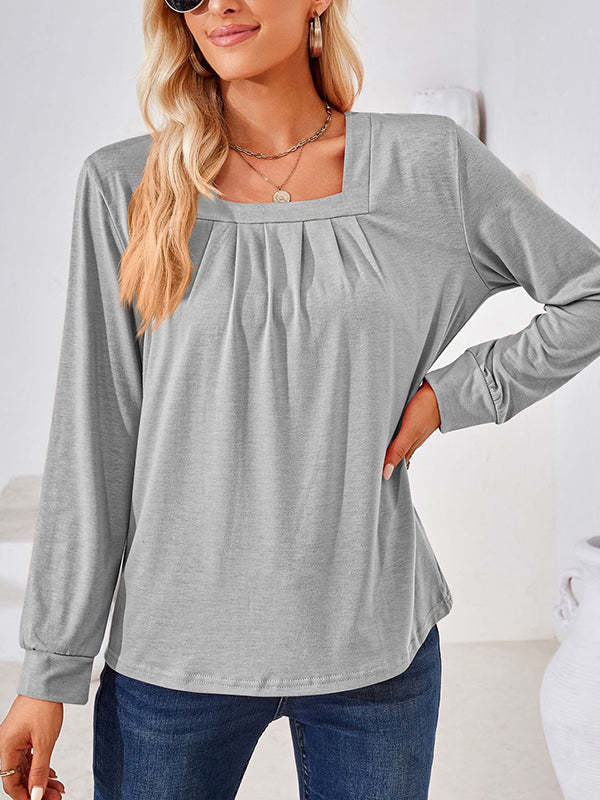 xakxx Long Sleeves Loose Pleated Solid Color Square-Neck T-Shirts Tops