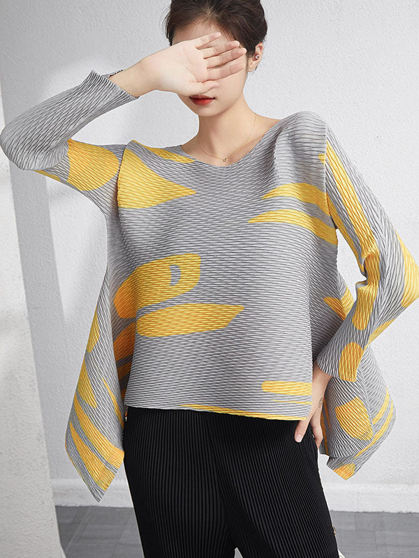 xakxx Casual Irregularity Loose Printed Pleated Round-Neck T-Shirts Tops