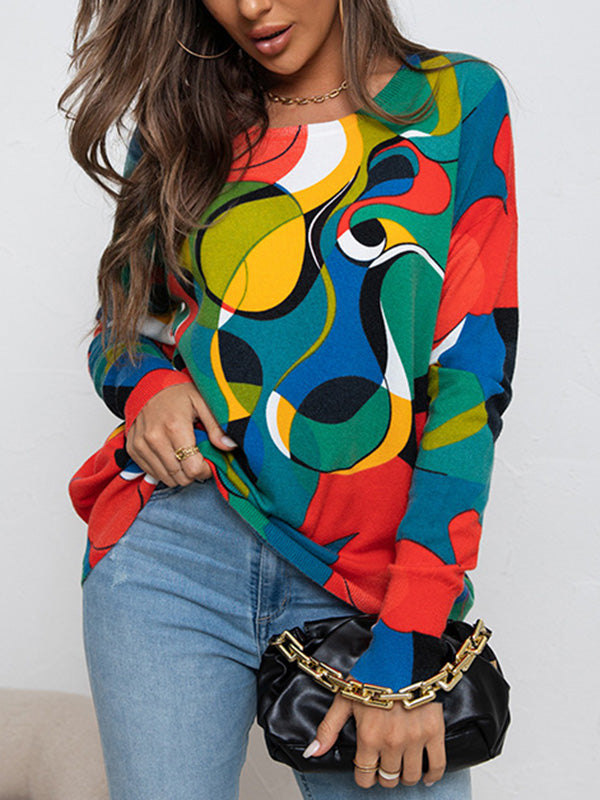 xakxx Long Sleeves Loose Contrast Color Printed Round-Neck Knitwear Pullovers Sweater Tops