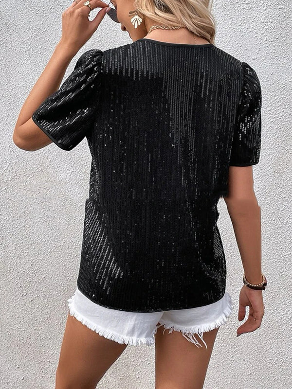 xakxx Loose Short Sleeves Sequined Shiny Split-Joint V-Neck T-Shirts