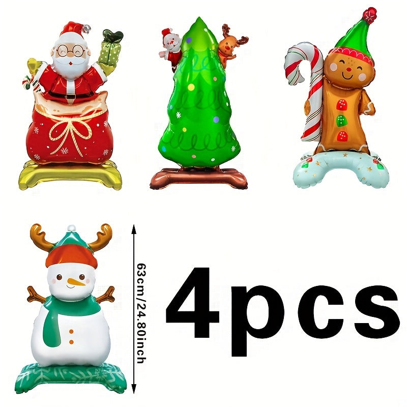 4pcs Christmas Party Balloons Set - Santa Claus, Christmas Tree, Gingerbread Man, Snowman - General Fit, No Electricity Required, Featherless, Ideal for Holiday Decorations