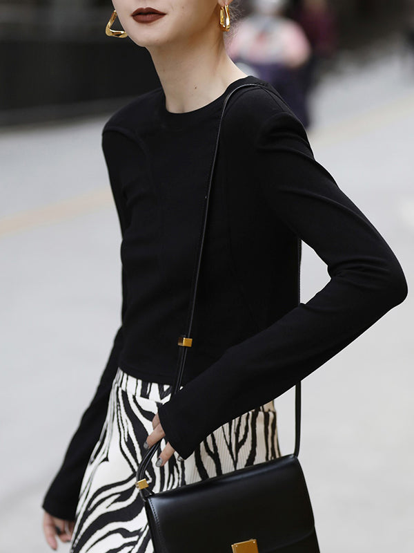 xakxx Long Sleeves Skinny Shoulder Pad Solid Color Round-Neck T-Shirts Tops