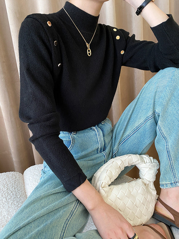 xakxx Long Sleeves Buttoned Split-Joint High-Neck Sweater Tops