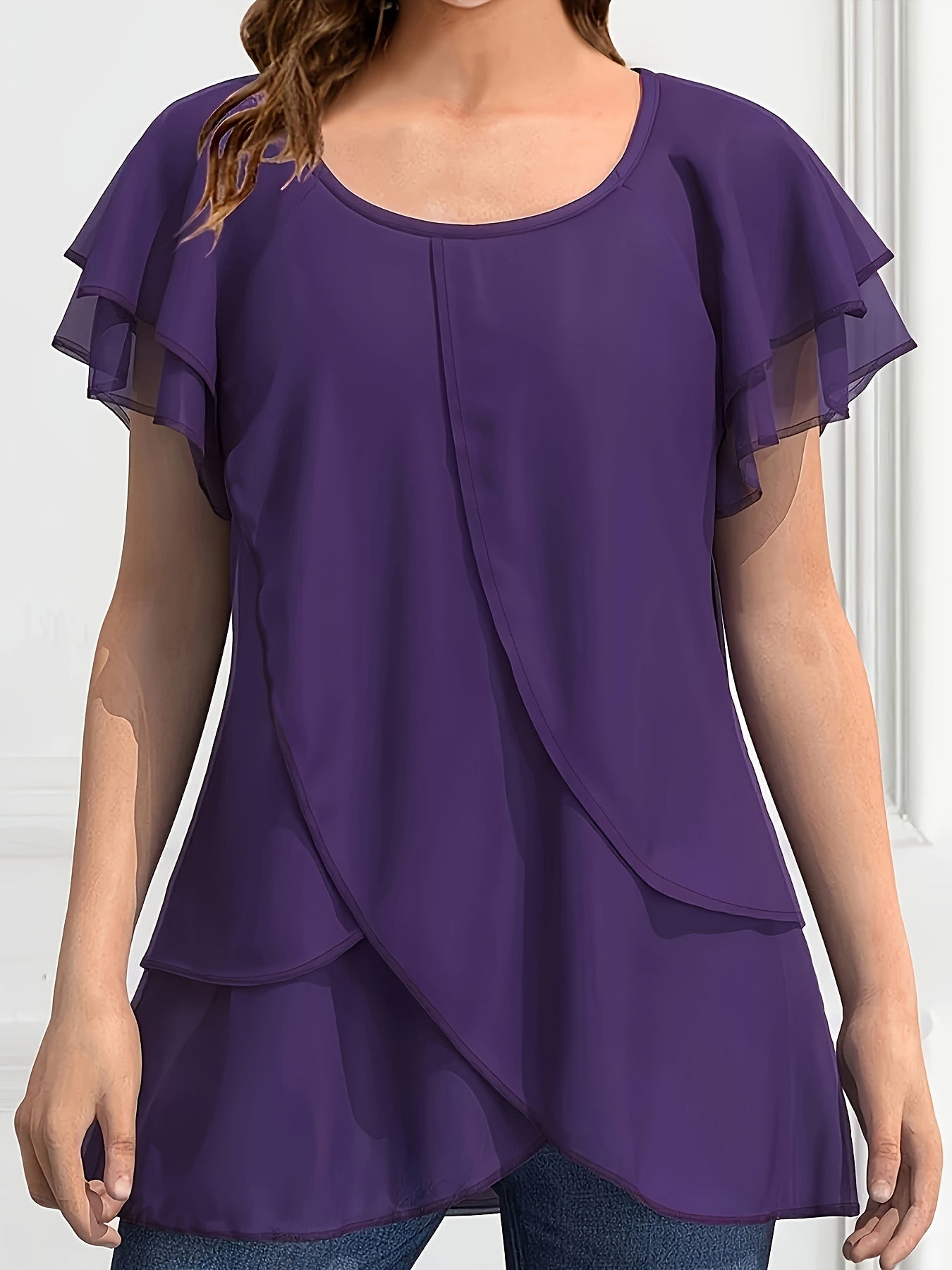 Vibrant Color Crew Neck Blouse - Ruffled Sleeve, Layered, Casual, Spring & Summer Essential - Women's Clothing for Everyday Wear