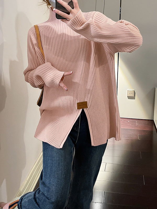 xakxx Long Sleeves Loose Split-Front Mock Neck Pullovers Sweater Tops