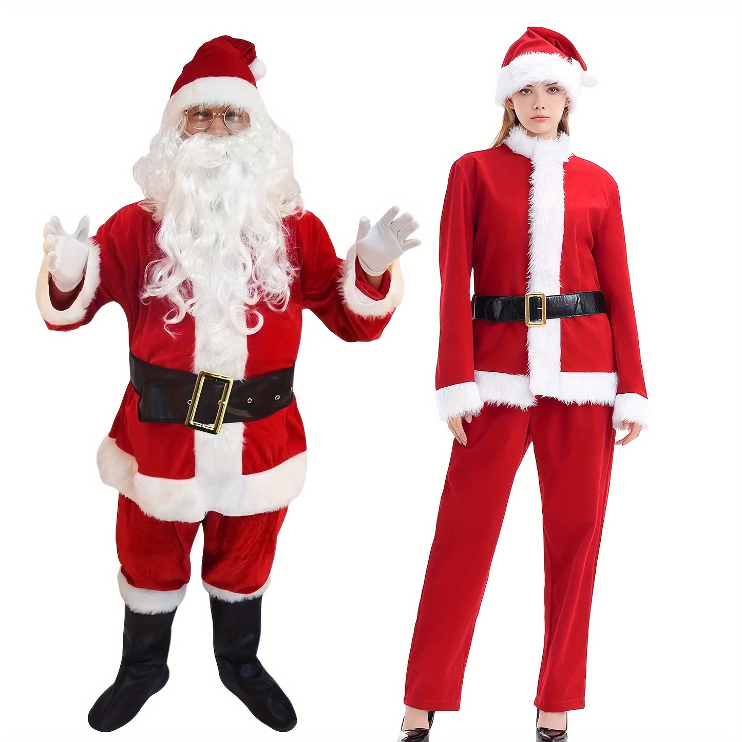 Luxurious Velvet Santa Claus Costume Set for Adults, 11pcs Christmas Outfit with Wig, Gloves, and Belt - Red Polyester, Best for Christmas