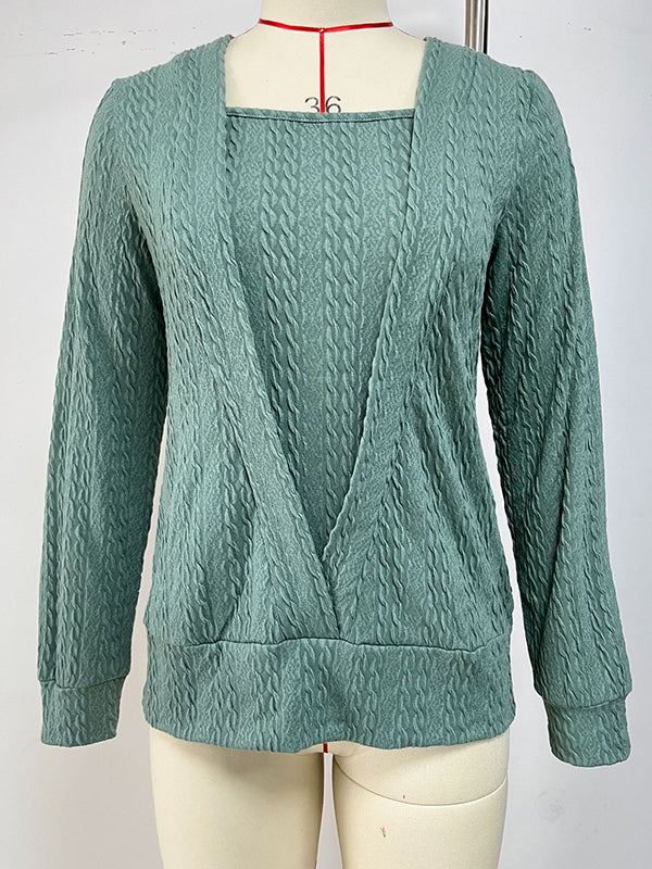 xakxx Long Sleeves Loose Colorful Solid Color Square-Neck T-Shirts Tops