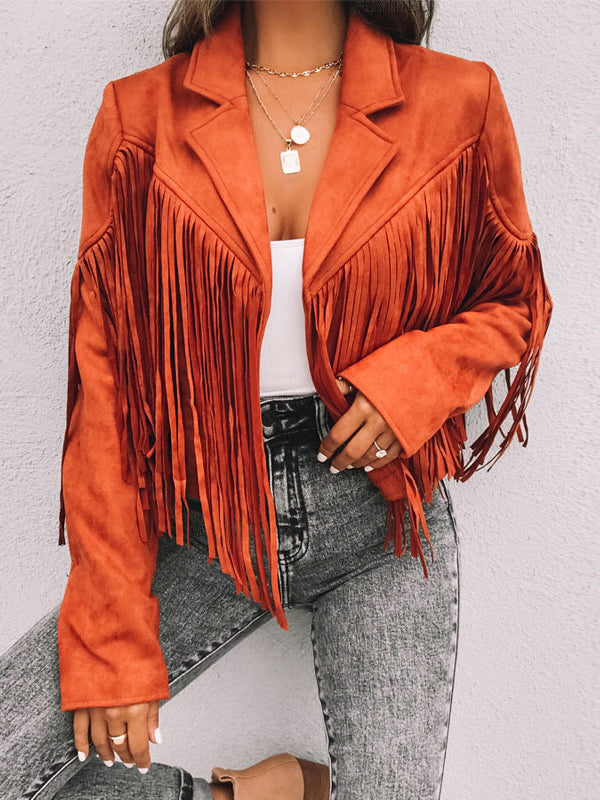 xakxx Long Sleeves Solid Color Split-Joint Tasseled Notched Collar Jackets