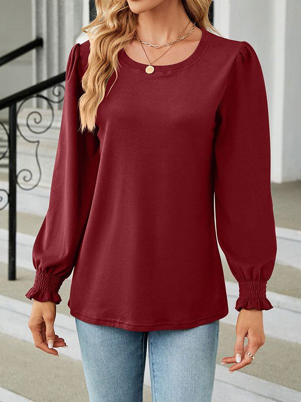 xakxx Long Sleeves Loose Elasticity Solid Color Round-Neck T-Shirts Tops