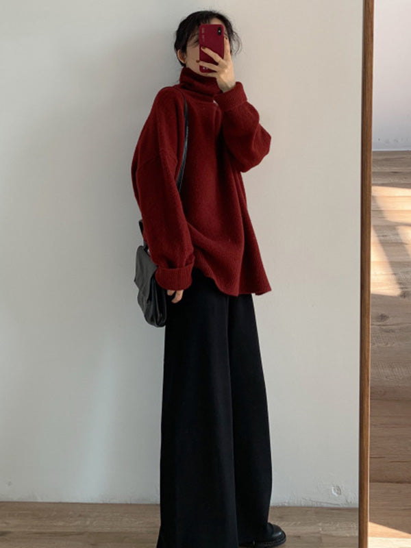 xakxx Casual Long Sleeves Loose Solid Color High-Neck Sweater Tops