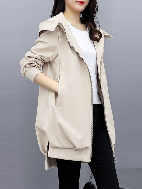 xakxx Casual Loose 4 Colors Pleated Zipper Hooded Long Sleeves Outwear