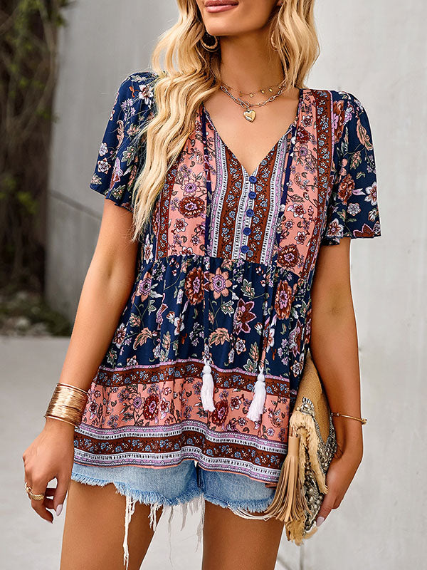 xakxx Loose Short Sleeves Buttoned Flower Print Split-Joint Tasseled Tied V-Neck T-Shirts Tops