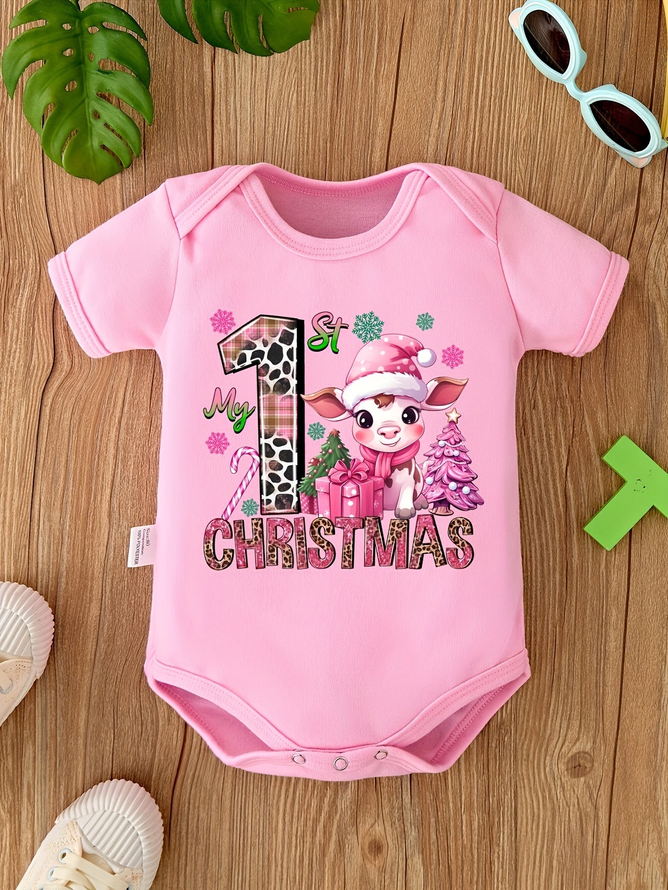 Baby's "My 1st Christmas" Cow Print Short Sleeve Triangle Bodysuit, Toddler & Infant Girl's Comfy Outdoor Clothes