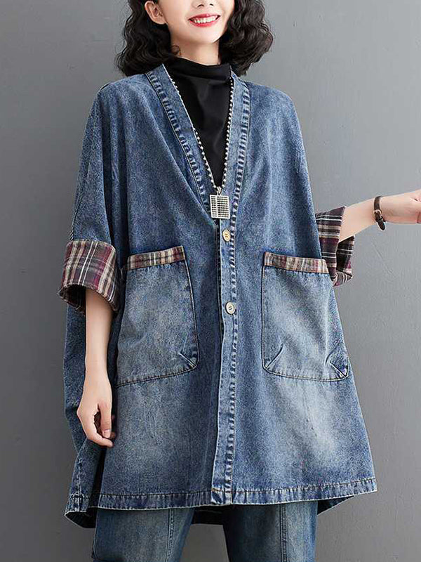 xakxx Long Sleeves Loose Buttoned Plaid Pockets Split-Joint V-Neck Denim Outerwear