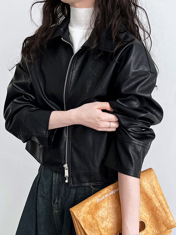 xakxx Long Sleeves Loose Solid Color Zipper Lapel Collar Jackets&Coats Outerwear