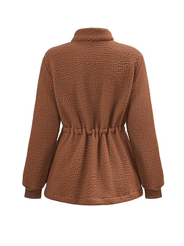 xakxx Long Sleeves Loose Drawstring Solid Color Velvet Zipper Stand Collar Outerwear