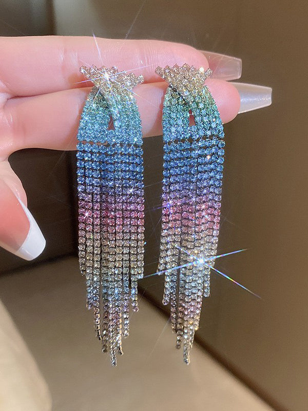 xakxx Gradient Hollow Rhine Stones Tasseled Drop Earrings