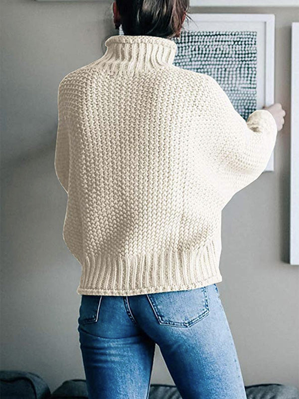 xakxx Casual Long Sleeves Solid Color High-Neck Sweater Tops