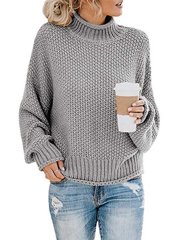 xakxx Casual Long Sleeves Solid Color High-Neck Sweater Tops