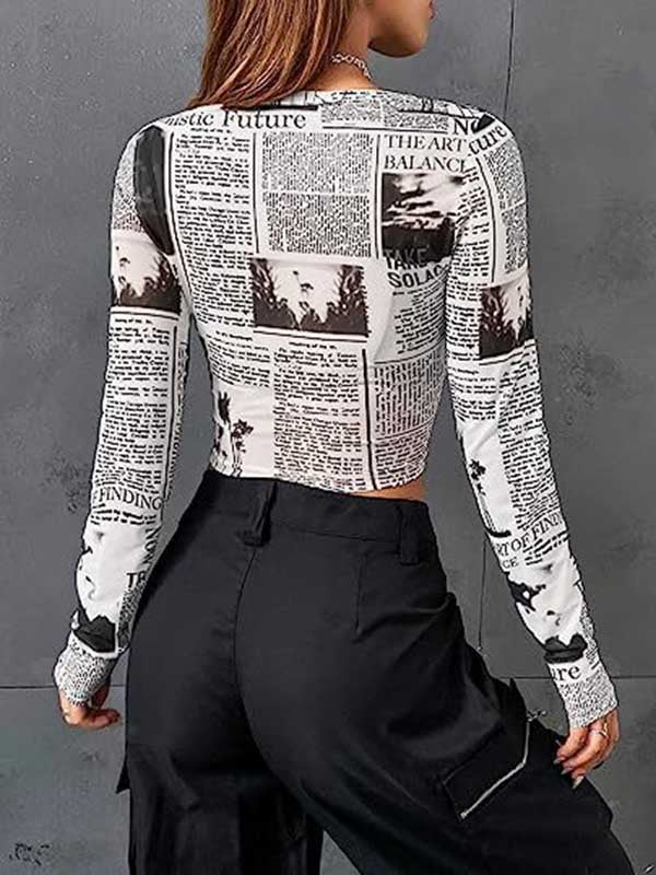 xakxx Long Sleeves Skinny Letter Print Round-Neck T-Shirts Tops