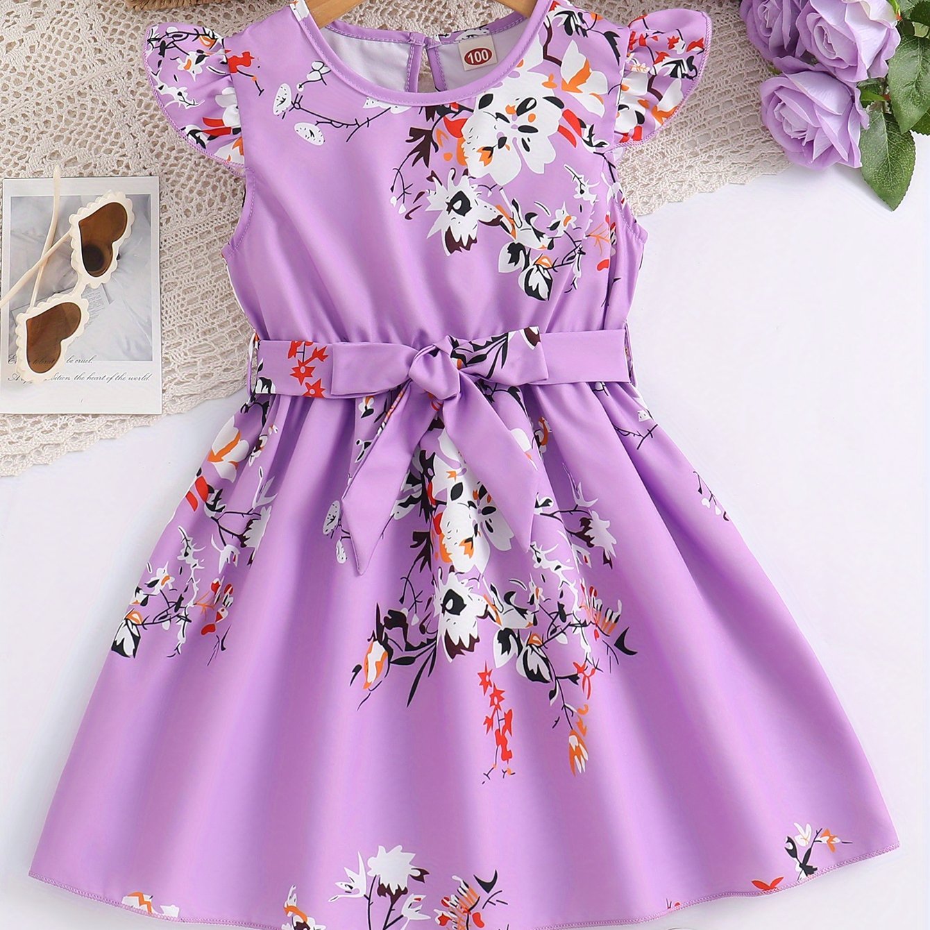 Girls Charming Floral Midi Dress - Fashionable Flying Sleeve & Sleeveless Combo, Lightweight & Comfortable for Sweet Summer Days, Adorable Daily Wear Dress with Bold Pattern