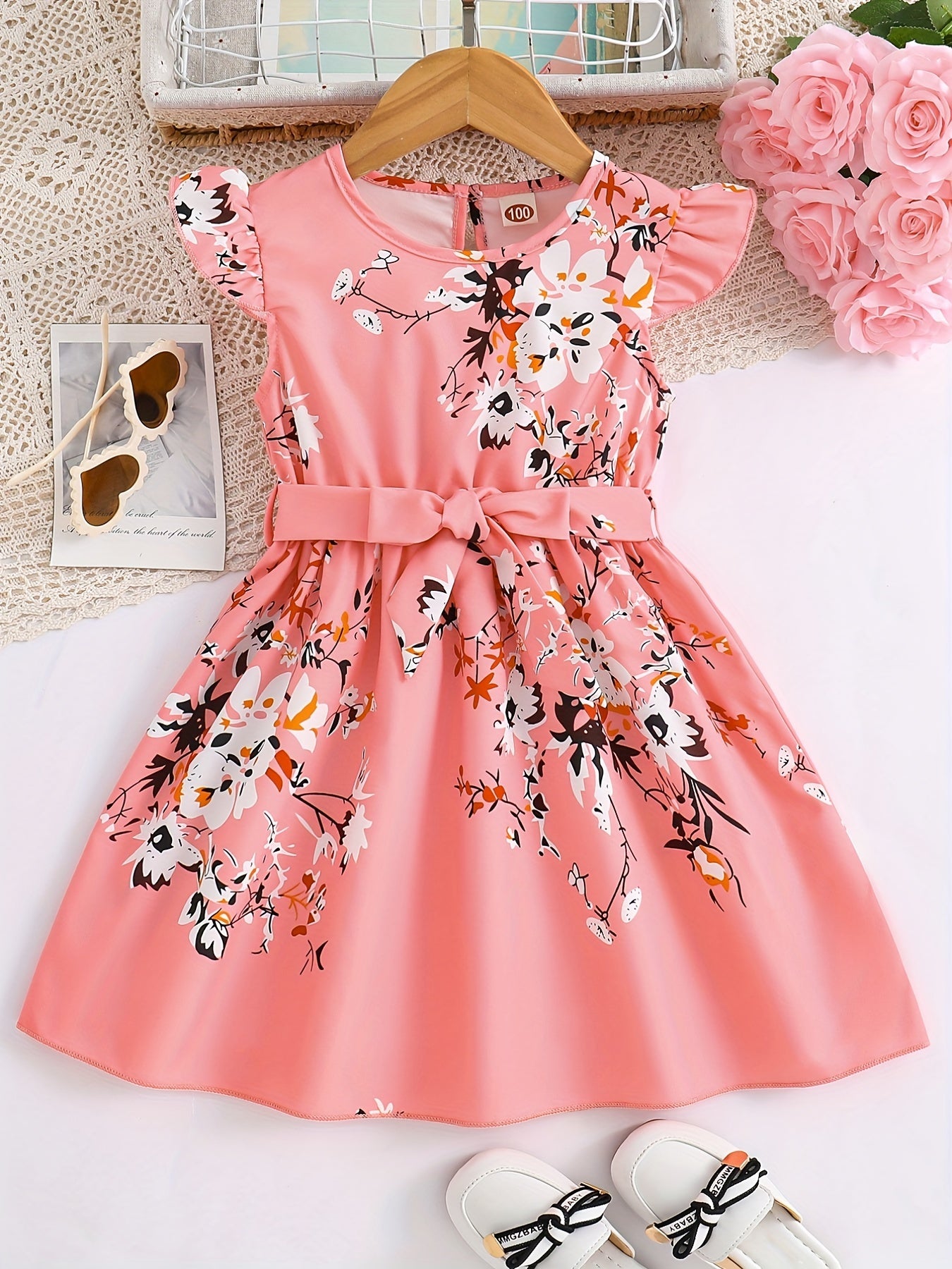 Girls Charming Floral Midi Dress - Fashionable Flying Sleeve & Sleeveless Combo, Lightweight & Comfortable for Sweet Summer Days, Adorable Daily Wear Dress with Bold Pattern