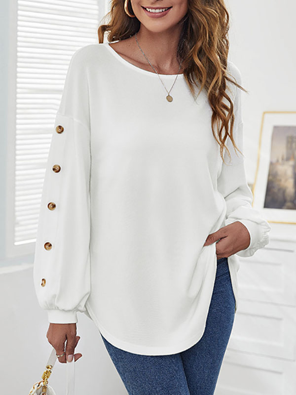 xakxx Simple Loose Long Sleeves Solid Color Round-Neck T-Shirts Tops
