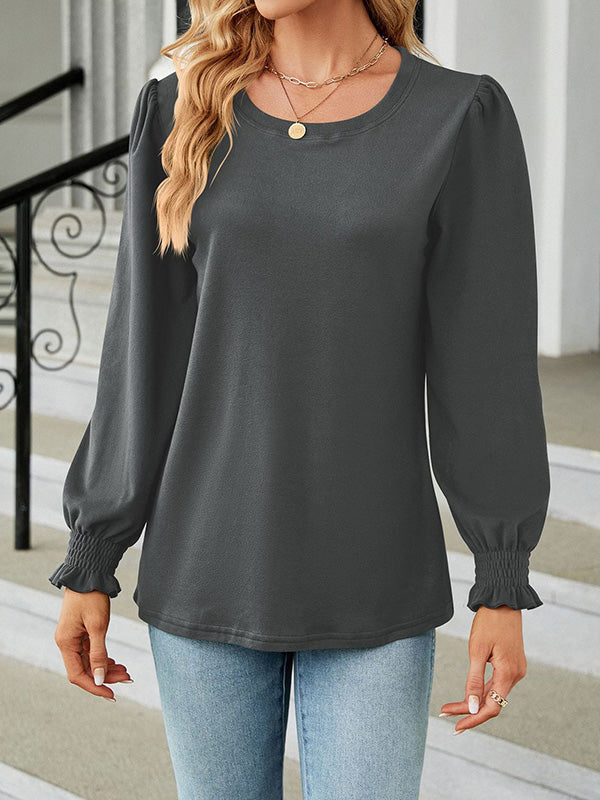 xakxx Long Sleeves Loose Elasticity Solid Color Round-Neck T-Shirts Tops