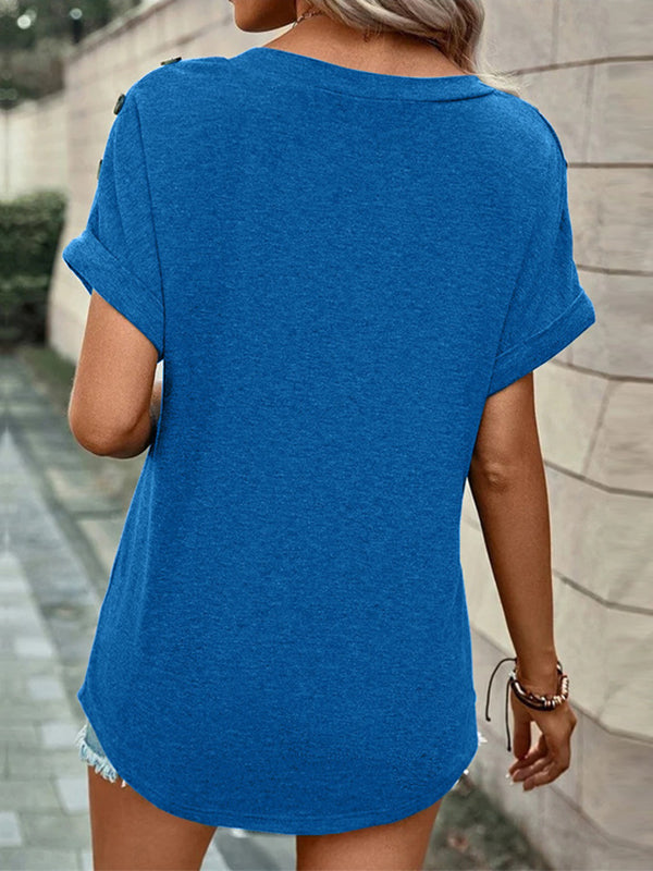xakxx Loose Short Sleeves Buttoned Solid Color V-Neck T-Shirts Tops
