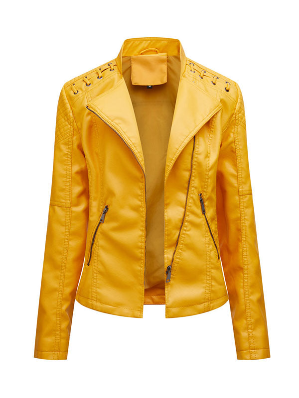 xakxx Long Sleeves Split-Joint Zipper Mock Neck PU Jackets Outerwear