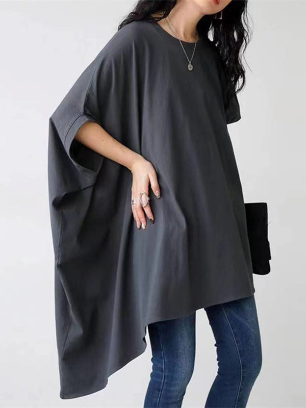 xakxx Batwing Sleeves Half Sleeves Solid Color Round-Neck T-Shirts Tops
