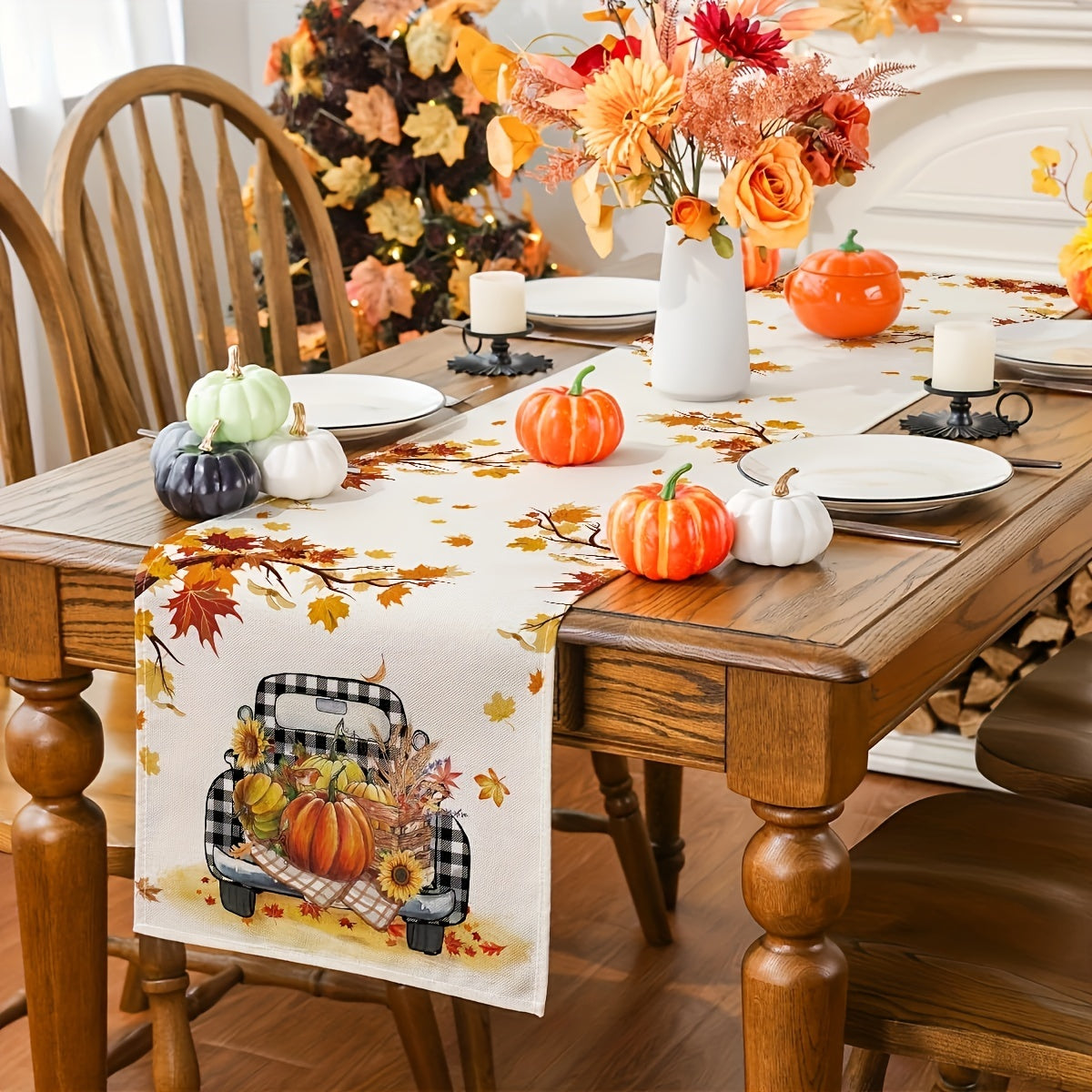 Fall Harvest Pumpkin Truck Table Runner - Seasonal Buffalo Plaid Table Decor for Indoor Outdoor Dining Tables - Thanksgiving Holiday Decorations for Home Fall Decorations