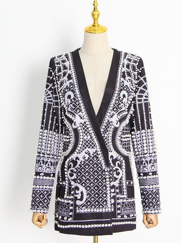 xakxx Original Creation Loose Long Sleeves Beads Printed V-Neck Blazer Outerwear