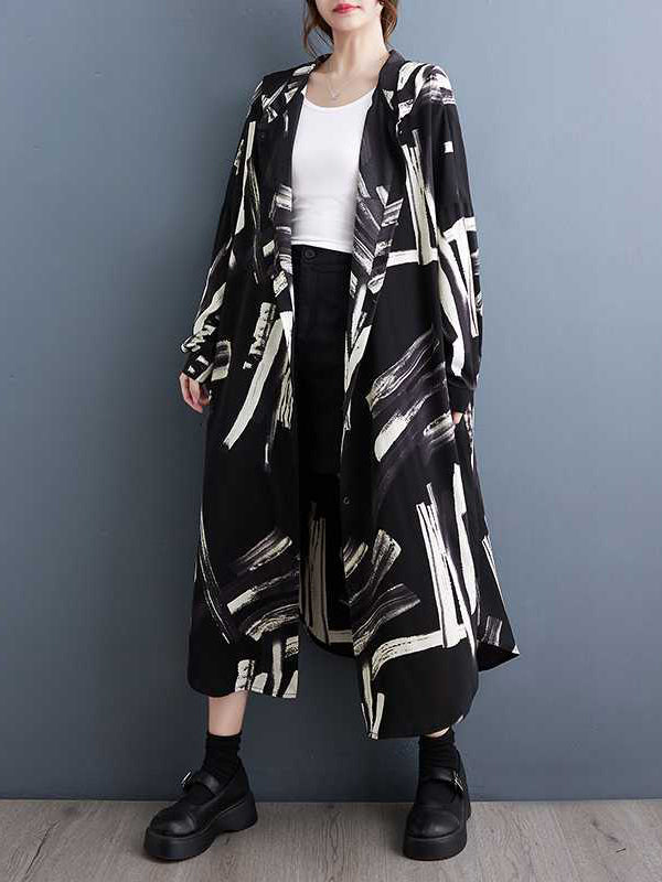 xakxx Long Sleeves Loose Buttoned Hooded Printed Midi Dresses Outerwear