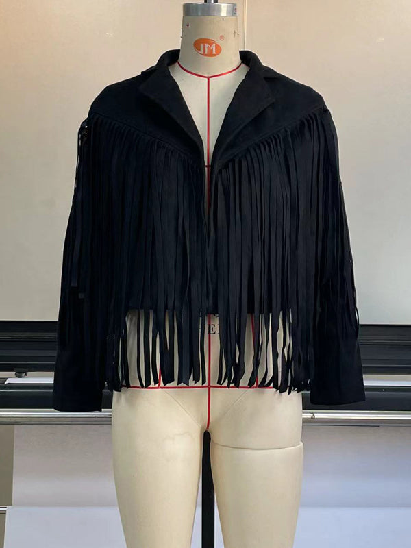xakxx Long Sleeves Solid Color Split-Joint Tasseled Notched Collar Jackets