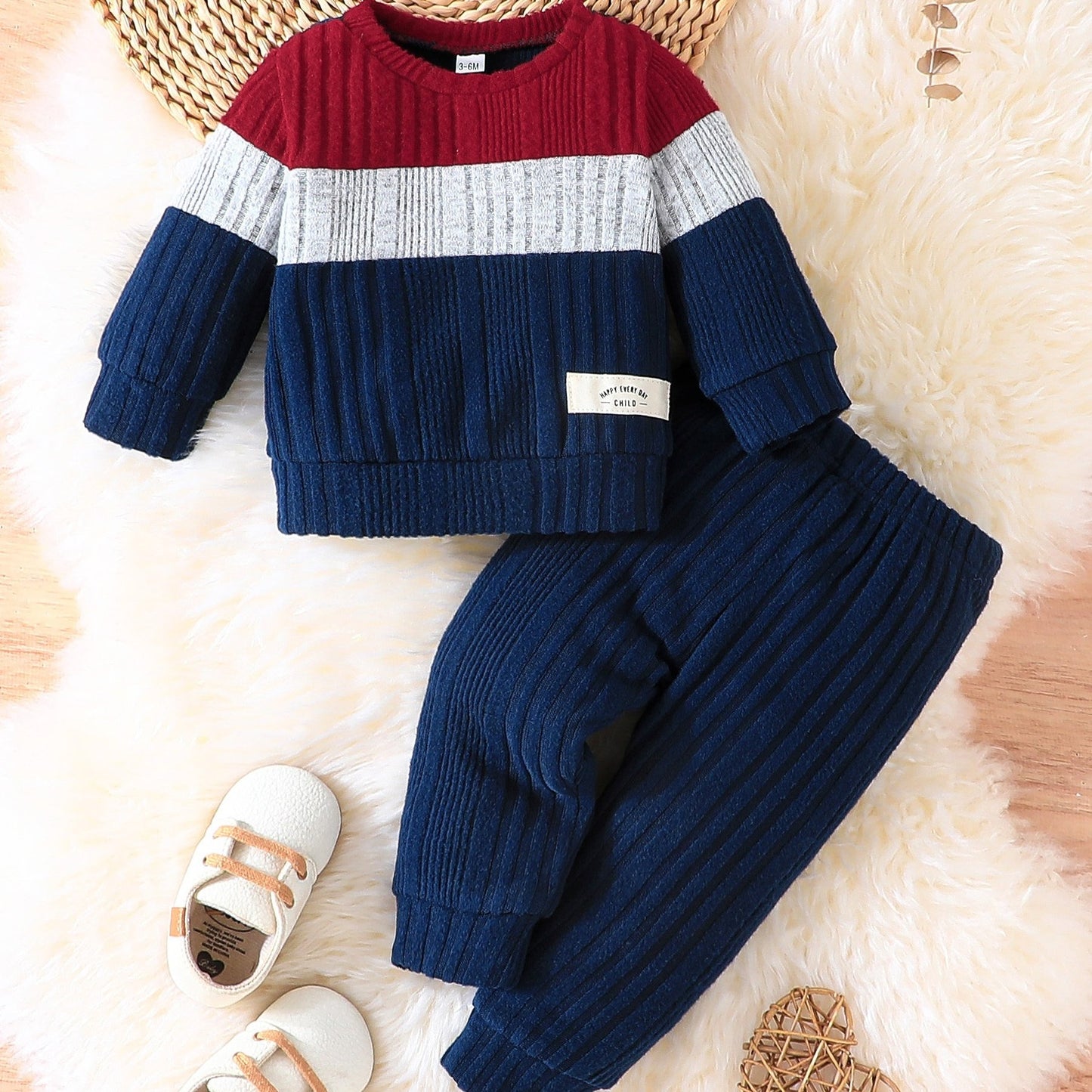 2pcs Adorable Baby Boy's Color Clash Outfit Set - Layette Sets - Soft Ribbed Sweatshirt and Pants Combo for Newborns, Perfect Gift for Baby Shower