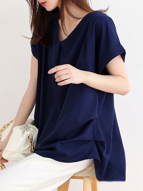 xakxx Loose Short Sleeves Back Pleated Solid Color Round-Neck T-Shirts Tops