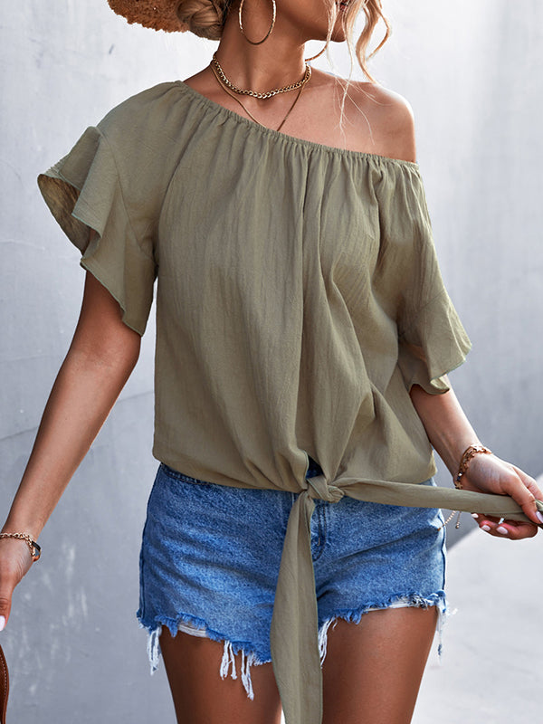 xakxx Loose Short Sleeves Elasticity Falbala Pleated Solid Color Tied Round-Neck T-Shirts Tops