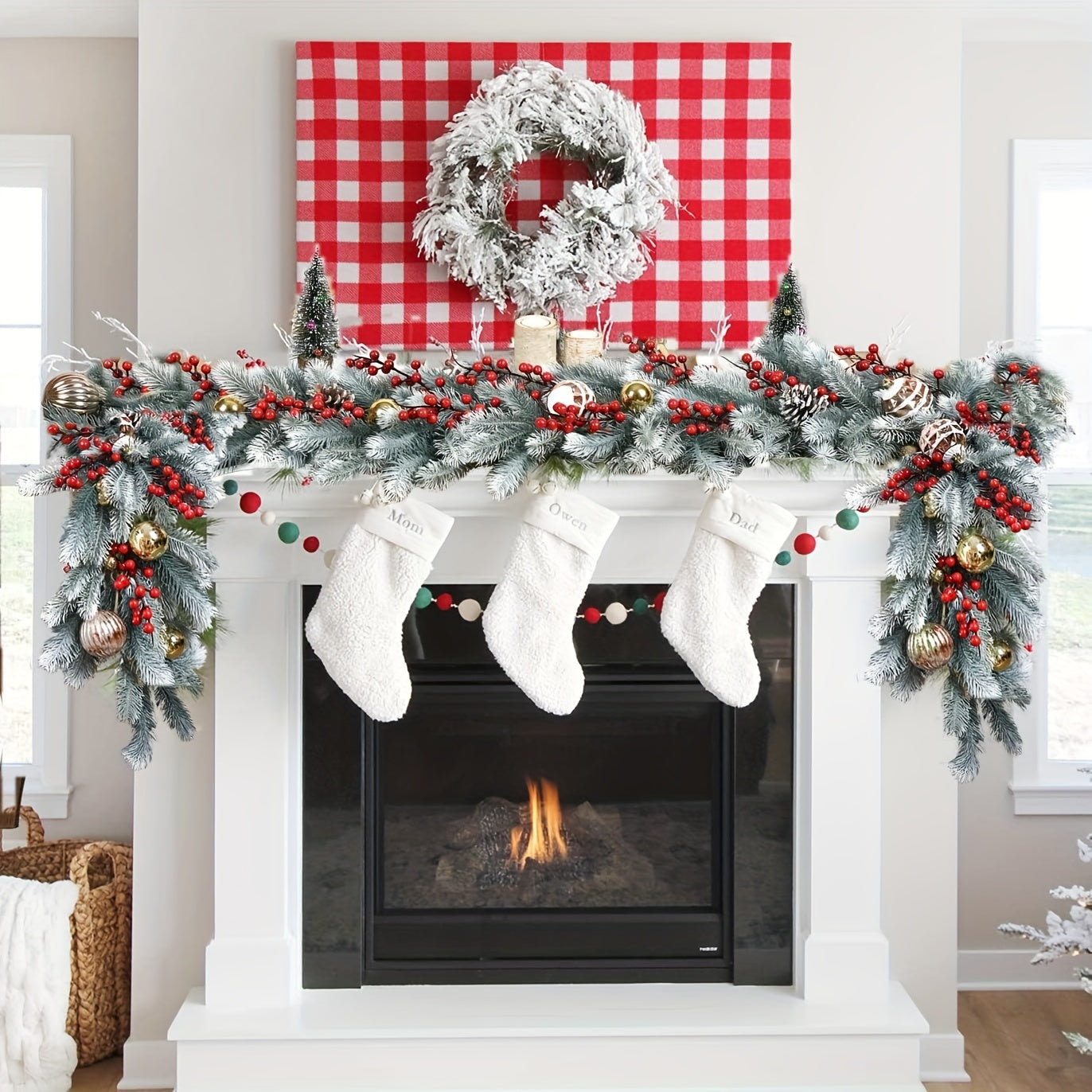 Vintage Style 74.8inch Artificial Pine Christmas Swag - Plastic Faux Fir Garland with Flowers Theme - No Power Needed, Feather-Free - Perfect for Holiday Decorations, Christmas, Halloween, Hanukkah