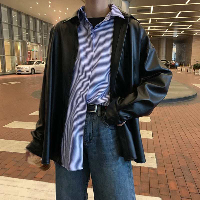 Xakxx - New Women oversized PU leather blouses Spring Autumn Black Faux Leather Basic Coat Turn-down Collar Motor Biker Jacket