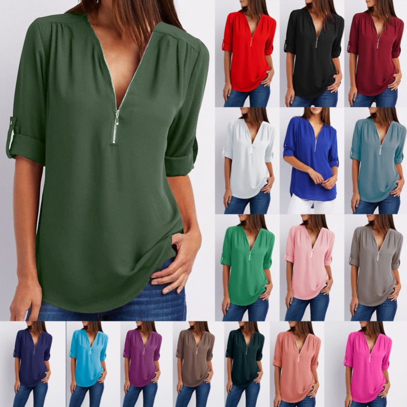 Xakxx - Women Shirts Summer Autumn Casual V-neck Chiffon Blouse Women Top Camisa Feminina Long Sleeve Black White Ladies Blouses Shirt
