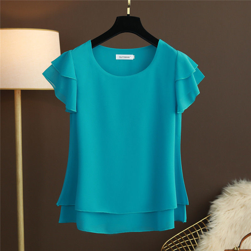 Xakxx - New Summer Women Blouse Loose O-Neck Chiffon Shirt Female Short Sleeve Blouse Oversized Shirts womens tops and blouses Top